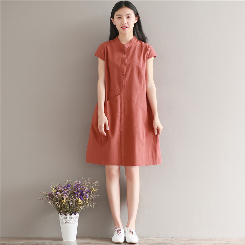 Đầm suông cổ tầu túi bổ, chất vải đũi mềm mát, thời trang xuân hè 2021 - Đỏ mận