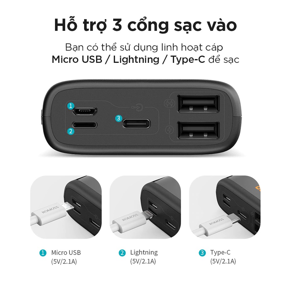 Pin sạc dự phòng Romoss Ares 20 20.000mAh LED 3 cổng input Micro - Lightning - Type C - Hàng chính hãng + Tặng cáp micro USB tròn CB05 Romoss