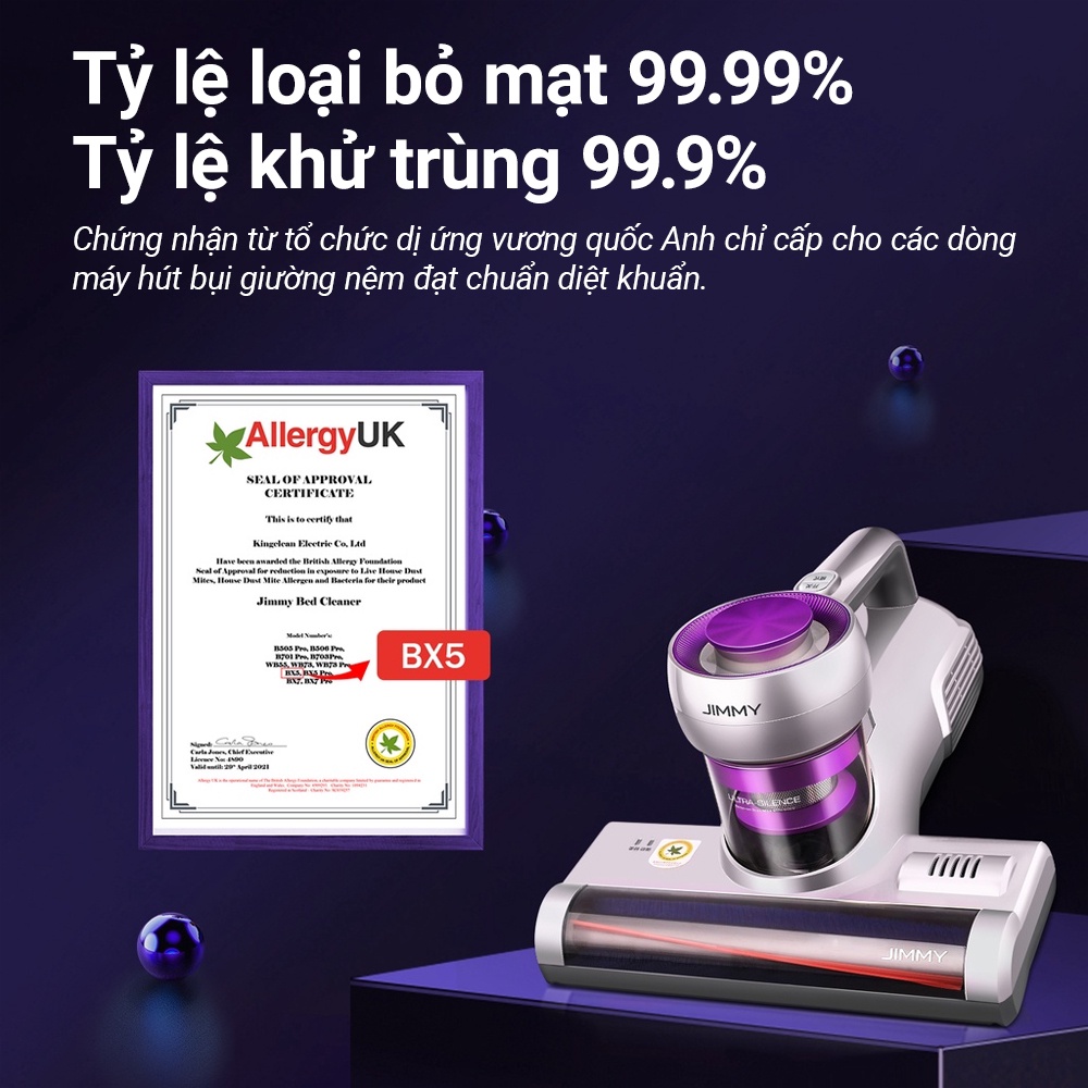 Máy Hút Bụi Giường Nệm JIMMY BX5 Diệt Khuẩn Bằng Tia UV 99,9% Công Suất 600W Lực Hút 15kPa Hút Sạch Tóc Và Lông Thú Cưng Vệ Sinh Giường Nệm Sạch Sẽ Cốc Bụi Trong Suốt Quan Sát Liền - Hàng Chính Hãng - Bảo Hành 12 Tháng