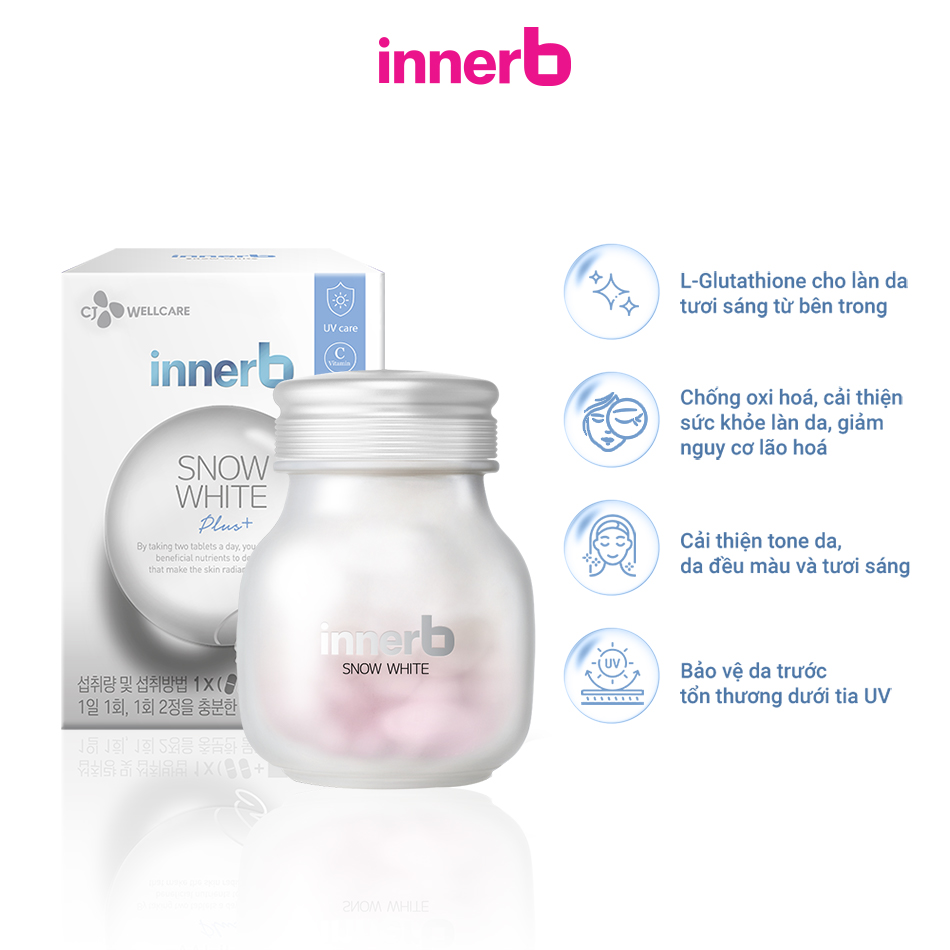 Combo 3 thực phẩm bảo vệ sức khỏe InnerB Aqua Bank (56 viên) + Viên uống hỗ trợ sáng da InnerB Snow White (28g) & Hộp 6 chai nước uống InnerB Glowshot (50mlx6)