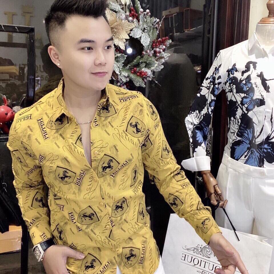 Áo sơ mi nam dài tay họa tiết ngựa màu vàng