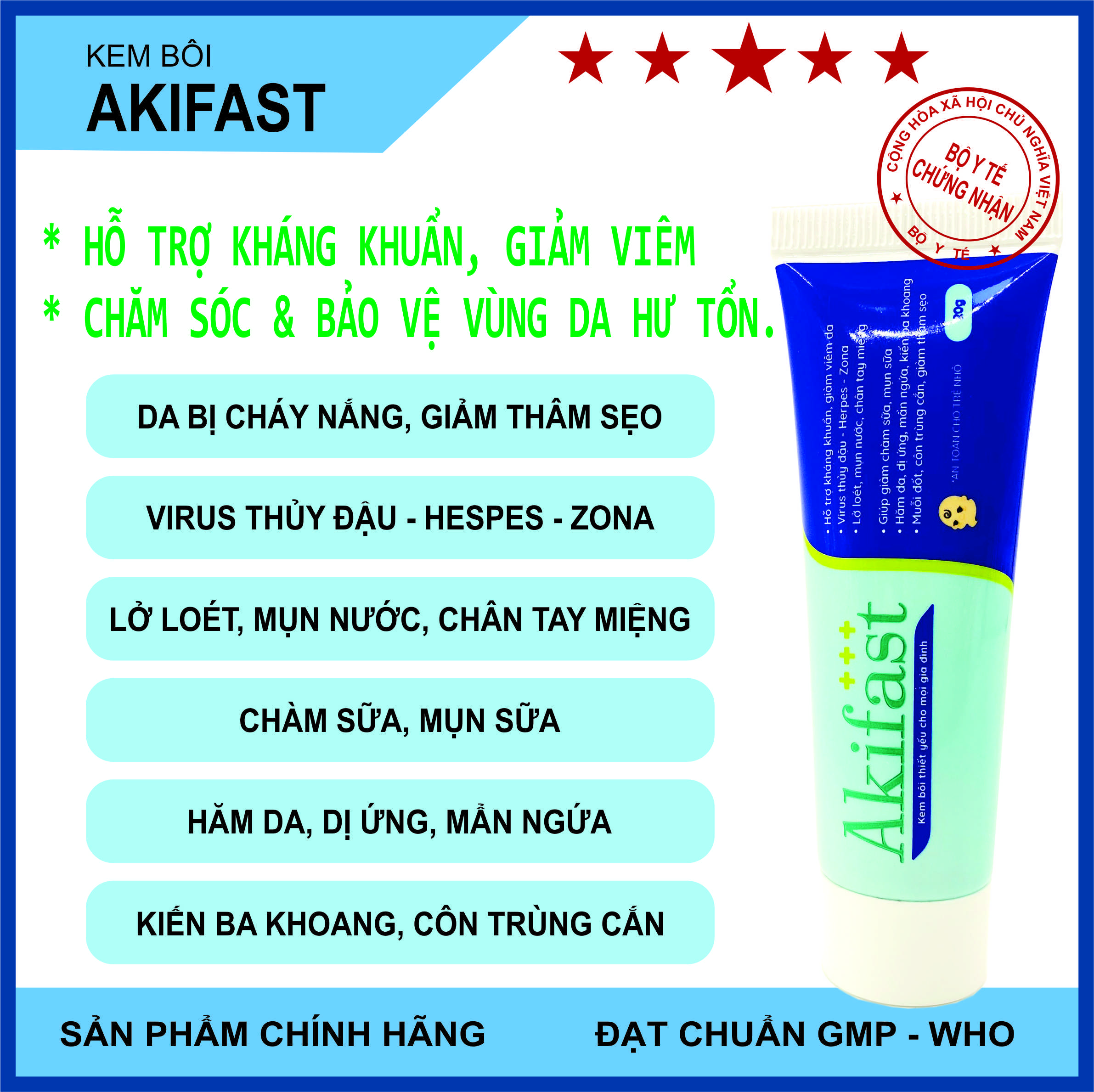 Kem bôi hỗ trợ trị mụn Akifast – Hỗ trợ kháng khuẩn, giảm viêm da, chăm sóc và bảo vệ vùng da hư tổn