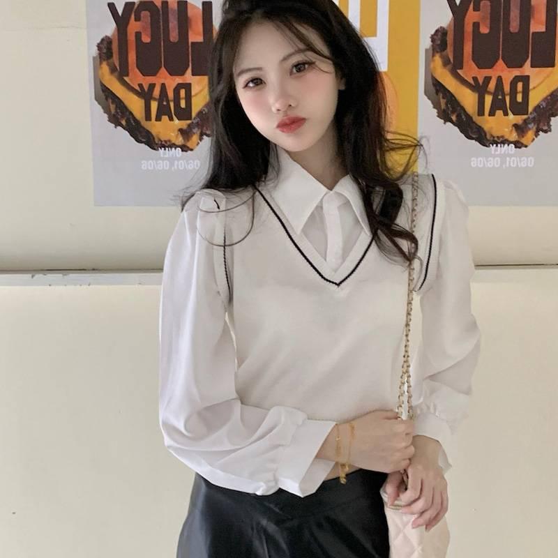 Áo len nữ Montoghi Quảng Châu GILE kiểu 2 lớp TAY DÀI phối cổ sơ mi xinh xắn