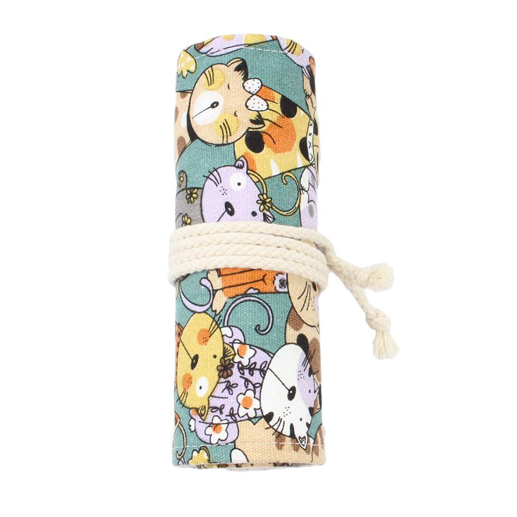 Canvas Pencil Wrap Roll up Case Hold for 36 Colored Pencils, Travel Carrying Organizer Holder,Great for Kids Adult - Cat Patterns