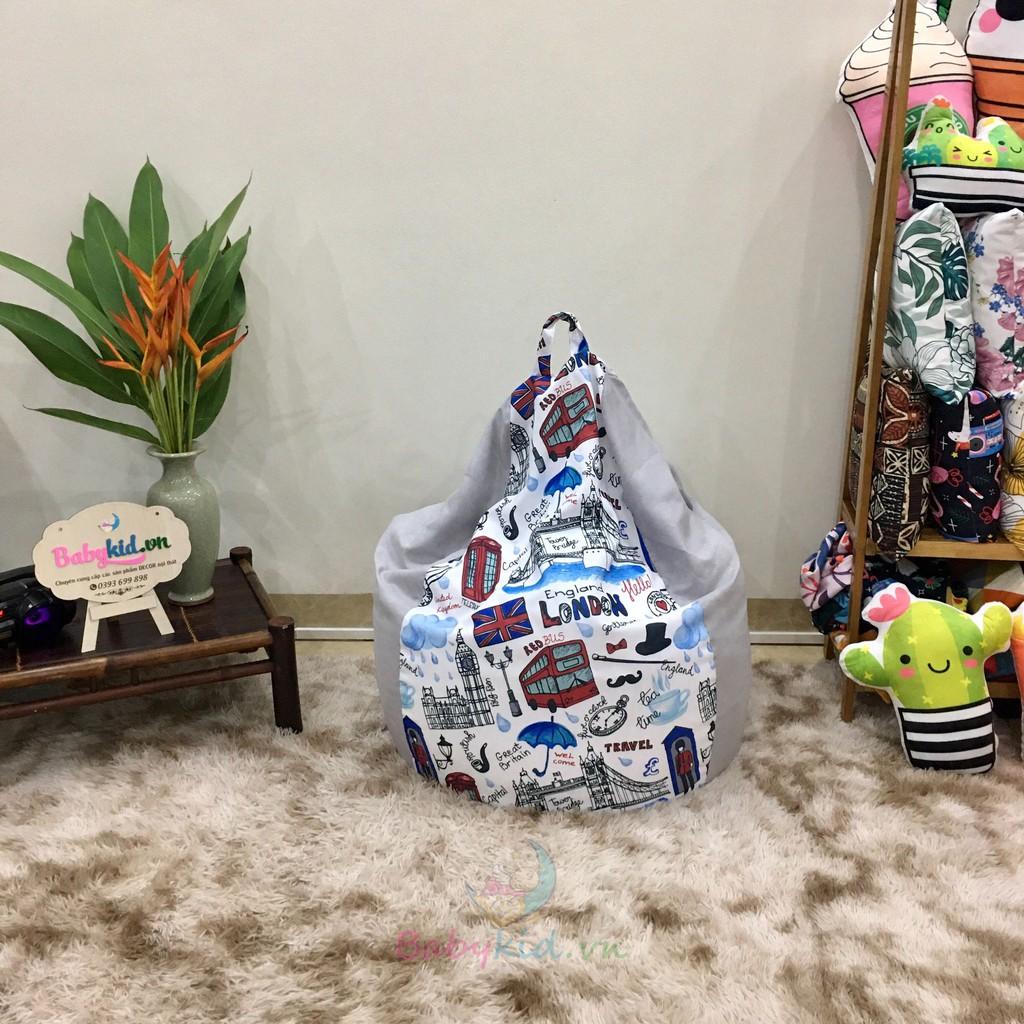 Ghế lười dáng lê size M 80x100cm, có xốp, hình london 2 lớp vỏ lót , vải thô hàn mix màu