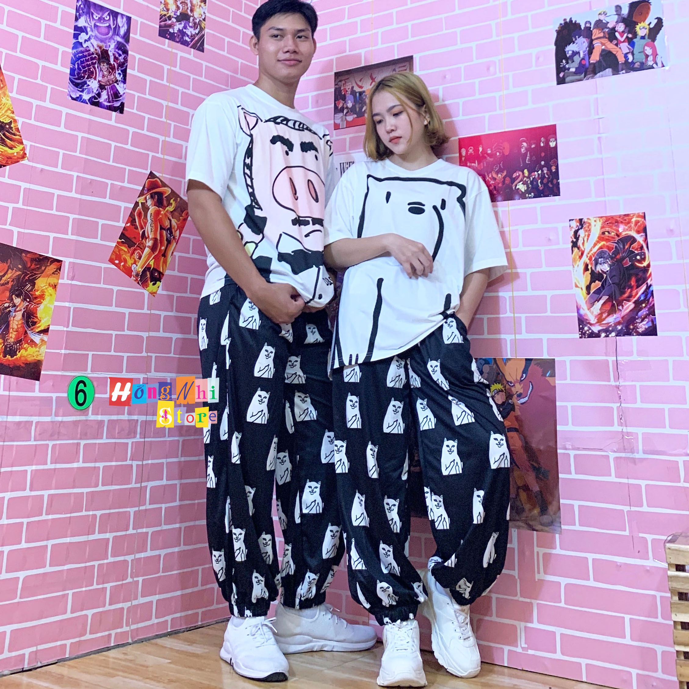 Quần Hoạt Hình Dài Bo Lai Mèo Trắng Cartoon Pant V2 Oversize Ulzzang Unisex - MM