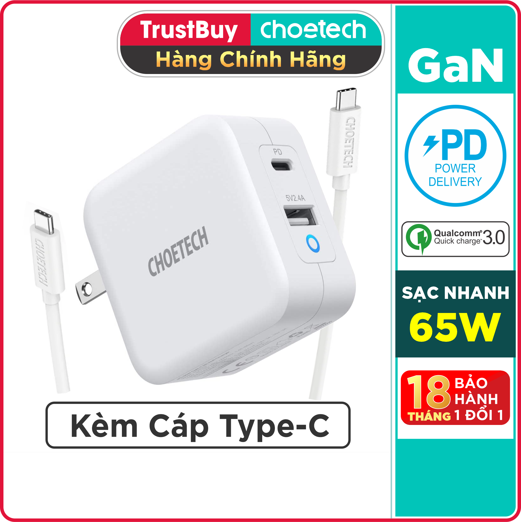 Adapter Củ Sạc Nhanh GaN 65W 1 Cổng USB, 1 Cổng Type C CHOETECH PD8002 Kèm Cáp Type C 65W Sạc Cho Macbook, Laptop, Smartphone - Hàng Chính Hãng