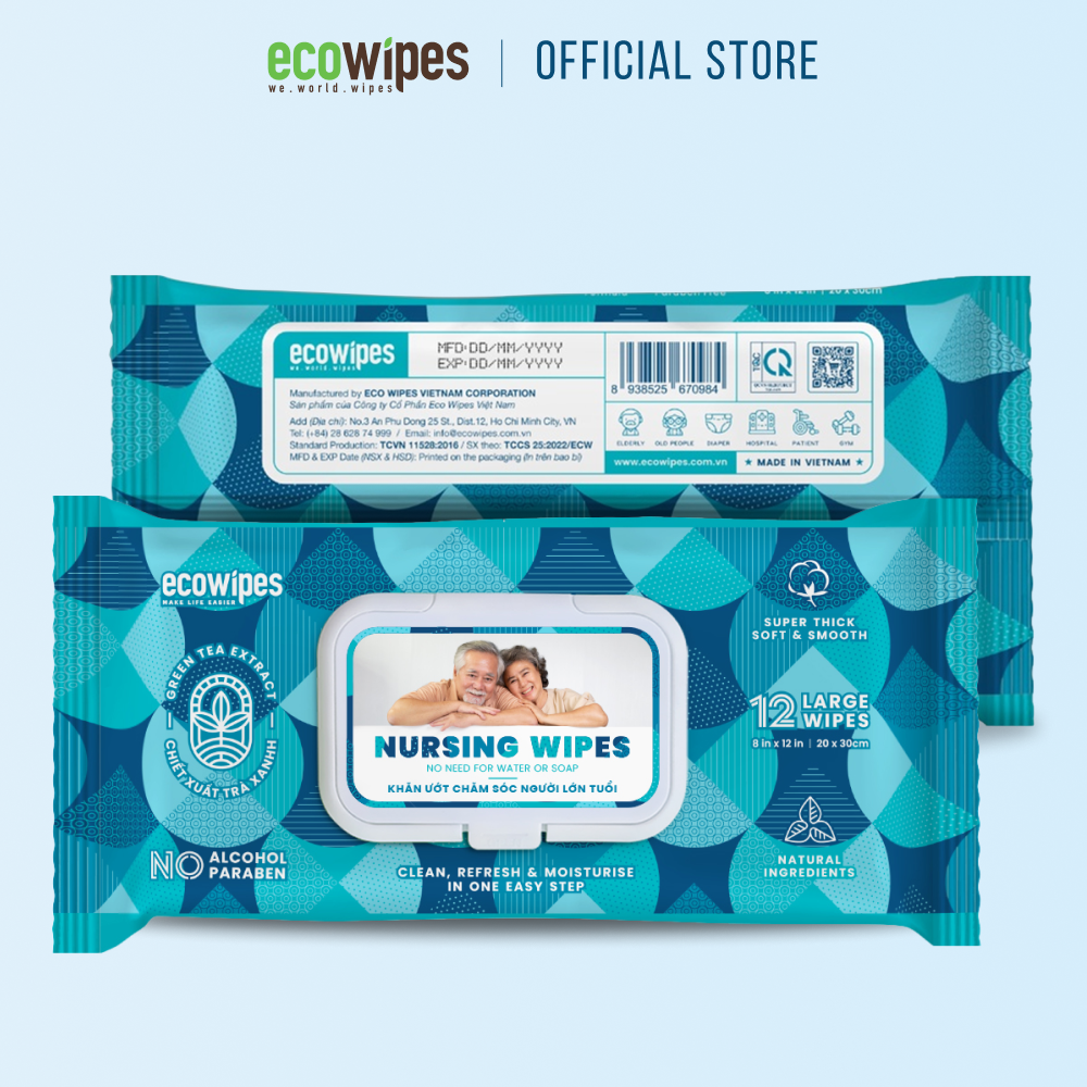 Khăn giấy ướt vệ sinh cơ thể NursingWipes gói 12 khăn size lớn 30x20cm hương trà xanh lau người lớn tuổi, người bệnh, người đi phượt dùng 1 lần