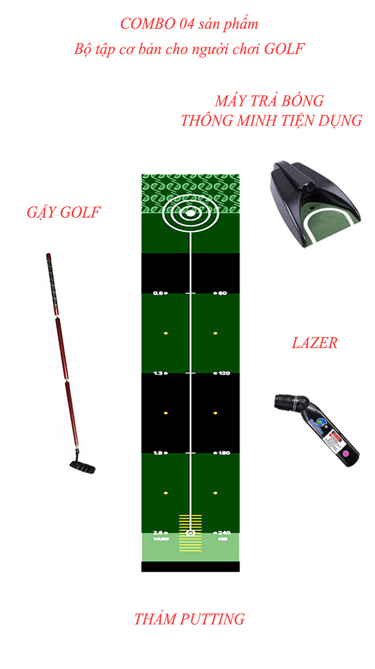 New 2022 - Bộ sản phẩm đầy đủ cho người chơi GOLF - Combo 04 sản phẩm - Thảm tập Putt 2 chiều + máy trả bóng + Putter lazer + Gậy GOLF nhỏ gọn tiện lợi có thể đem theo mọi nơi