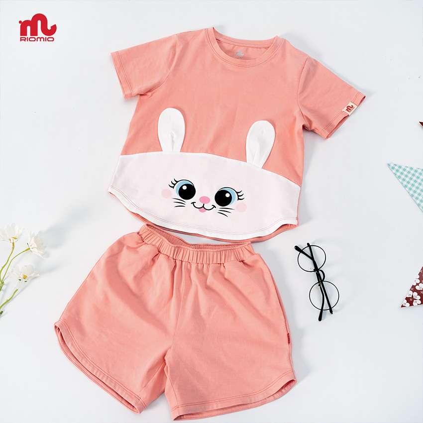 Bộ cotton cộc tay tai thỏ bé gái RIOMIO size 2-7 tuổi (13-27kg) mát mẻ mềm mại cho bé đi chơi đi học - RBG393