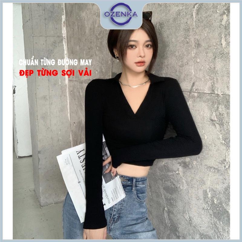 Áo croptop tay dài cổ polo sẻ v ôm nữ OZENKA , crt kiểu thanh lịch sang chảnh màu đen trắng mặc đi chơi dưới 55 kg