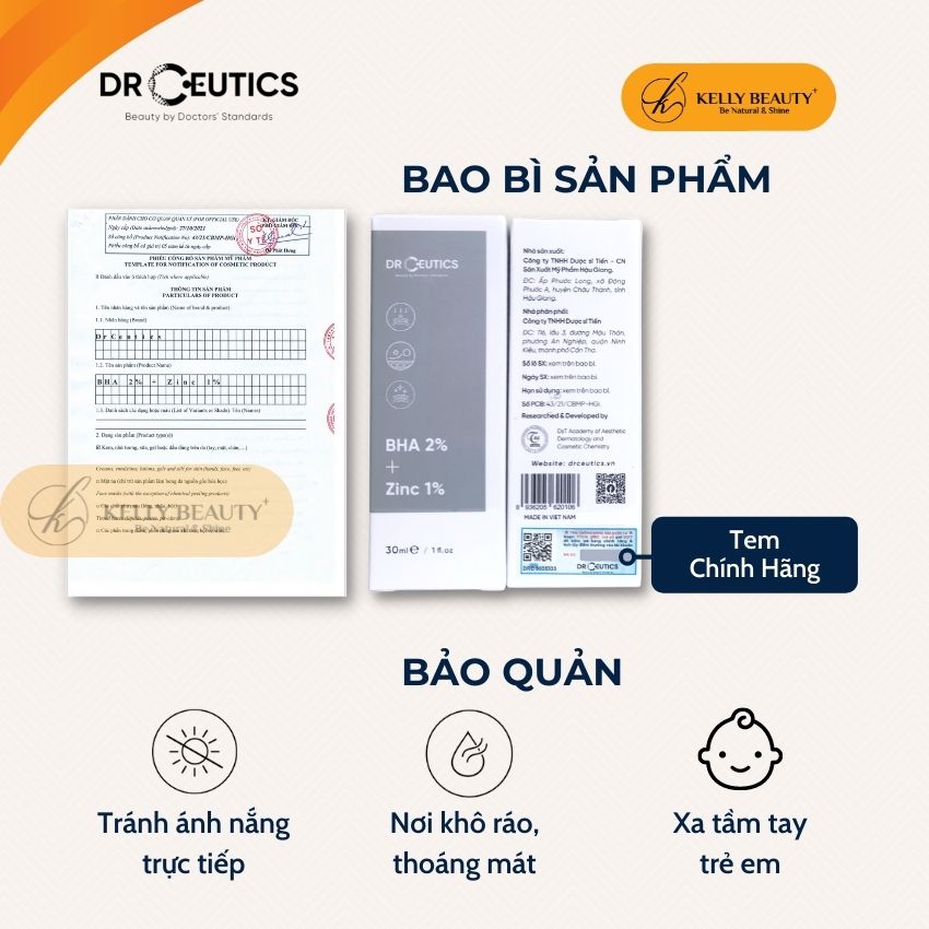 Serum Mụn DrCeutics BHA 2% + ZinC 1% - Cải Thiện &amp; Ngừa Mụn; Giúp Kiềm Dầu | Kelly Beauty