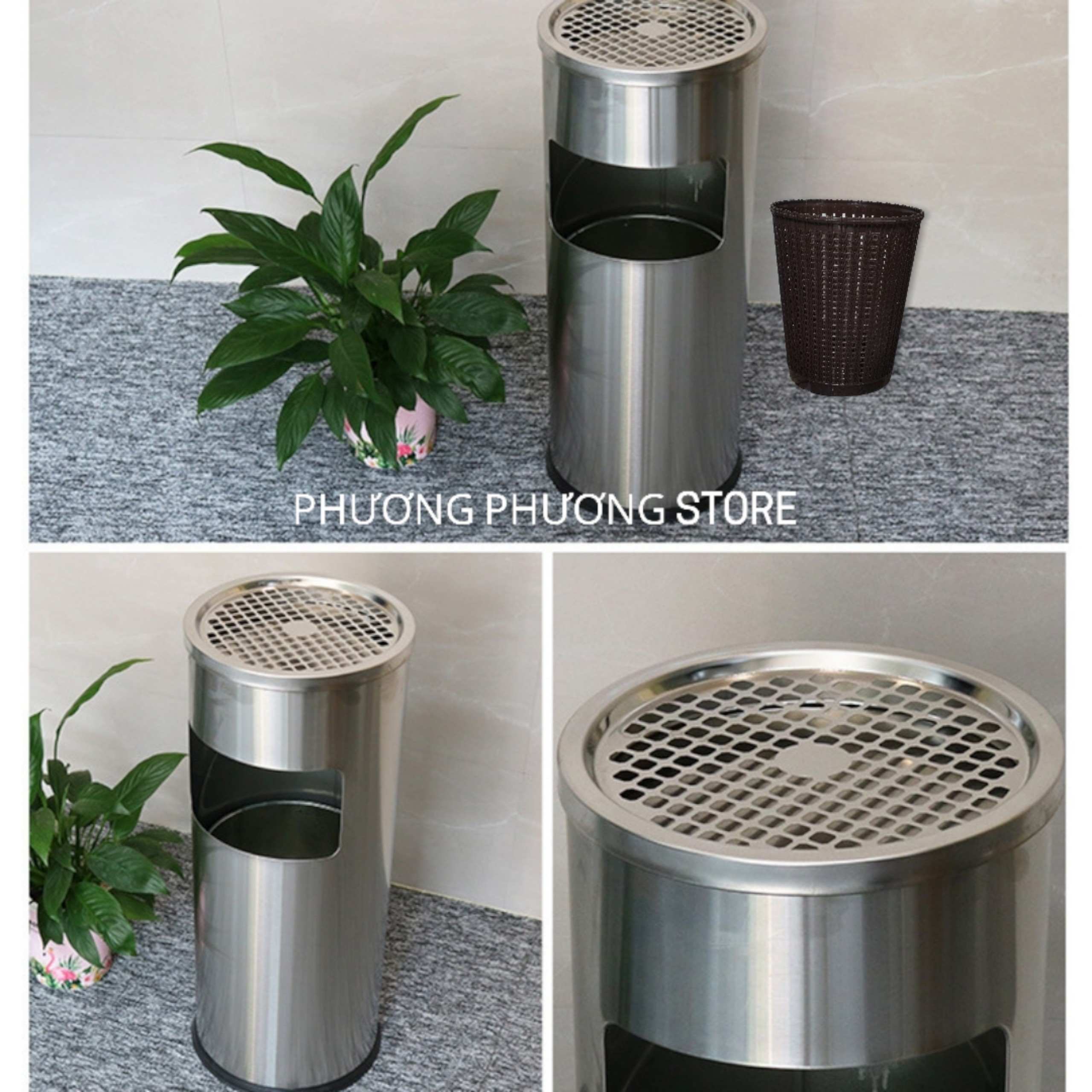 Thùng rác inox gạt tàn A35-A  ( Tặng sọt tròn mây )