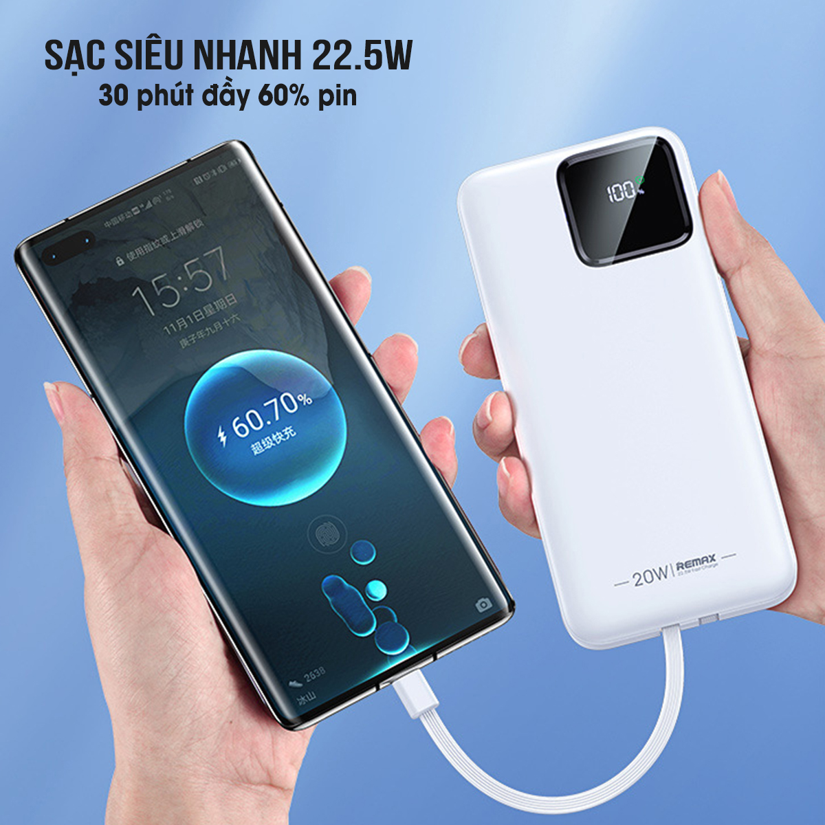 Pin dự phòng 10000mAh 22.5W Remax RPP-500 Tích hợp 2 cáp sạc nhanh Type C và Lighning Hàng Chính Hãng Remax Bảo Hành 1 Đổi 1 Trong 12 Tháng