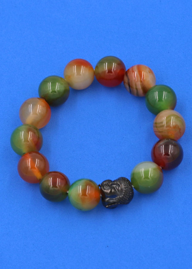 Vòng đeo tay Thạch Anh Xanh Nâu 14 ly cẩn hạt Phật A Di Đà inox đen VTAXNNLE14