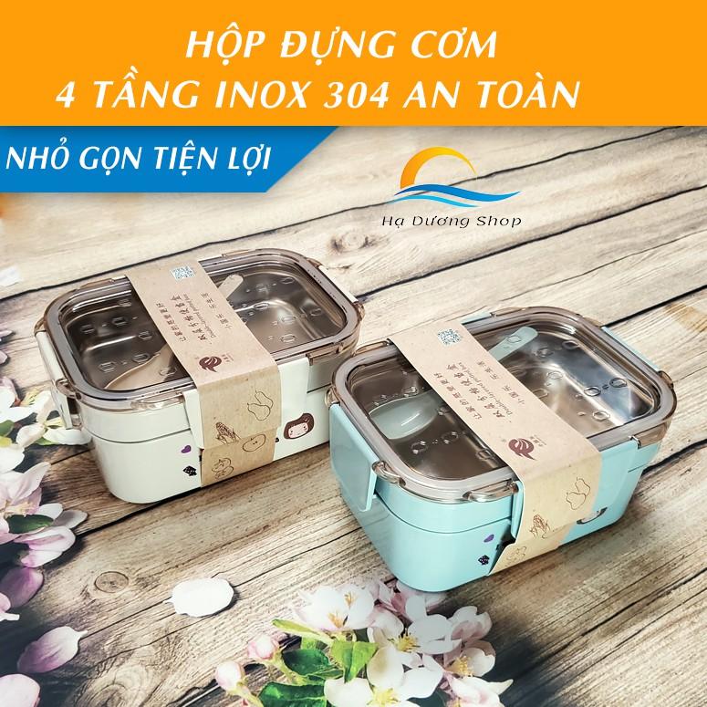 Hộp đựng cơm văn phòng inox cao cấp 304 gồm 4 khay có thìa nắp đậy khóa kép an toàn HADU