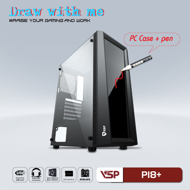 Vỏ máy tính Case VSP P18+ kèm bút dạ quang ~ kính cường lực - Hàng chính hãng TECH VISION phân phối