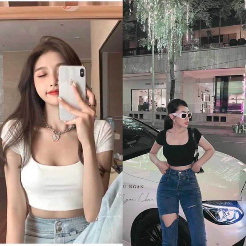 Áo croptop cổ vuông ngắn tay