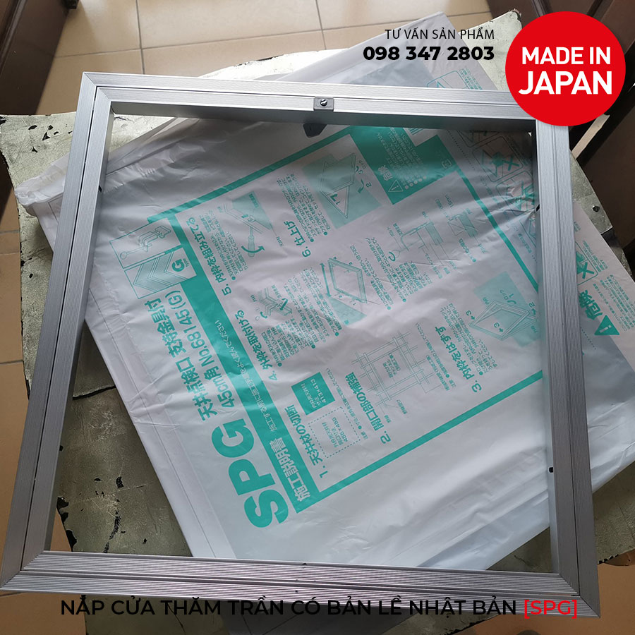 Nắp cửa thăm trần thạch cao 45x45cm SPG-68345 - Nhật Bản, Khung nhôm có bản lề mở thả xuống, sơn tĩnh điện màu Trắng.