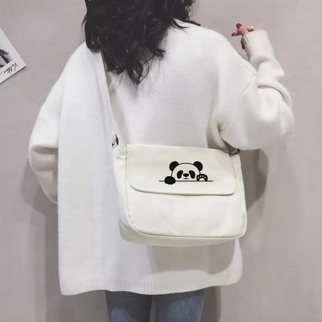 Size lớn_có khóa + túi con có khóa _TÚI tote CHÉO GẤU PANDA CHẤT VẢI CANVAS DÁNG UNISEX NAM NỮ