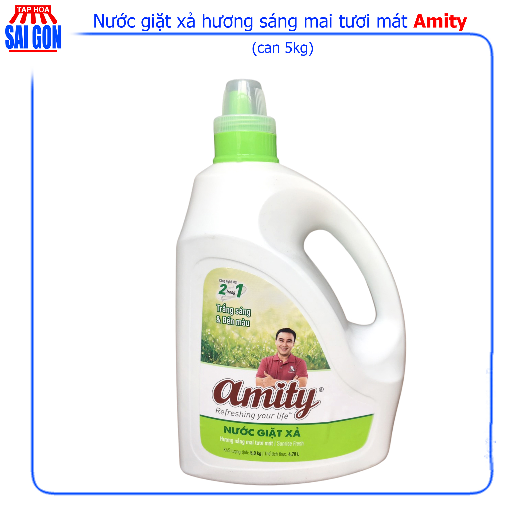 Nước giặt xả Amity nắng mai tươi mới (xanh lá) can 5kg loại bỏ mọi vết bẩn cho quần áo của gia đình