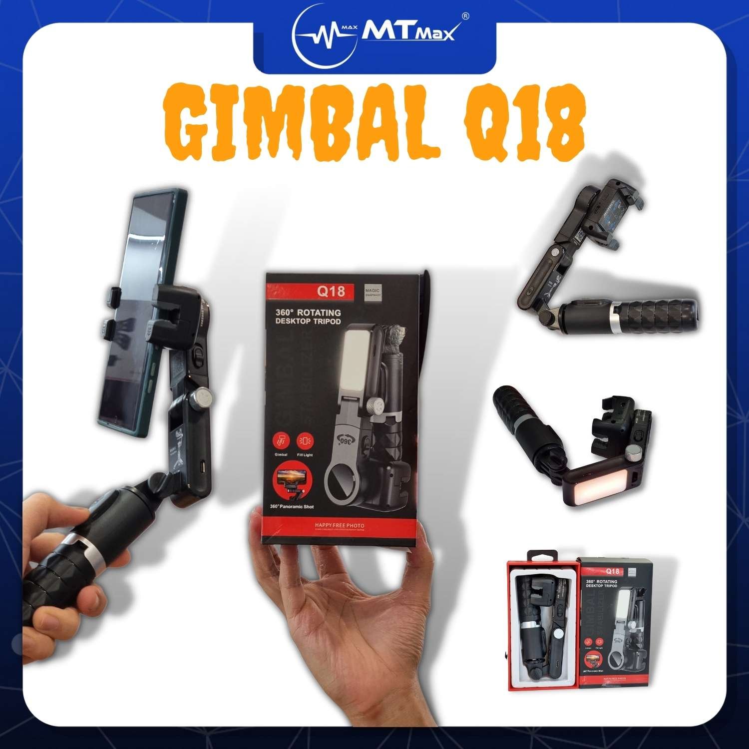 Gimbal Q18 - Thiết bị ổn định camera tự sướng 3 trục, tích hợp đèn làm đẹp và điều khiển từ xa