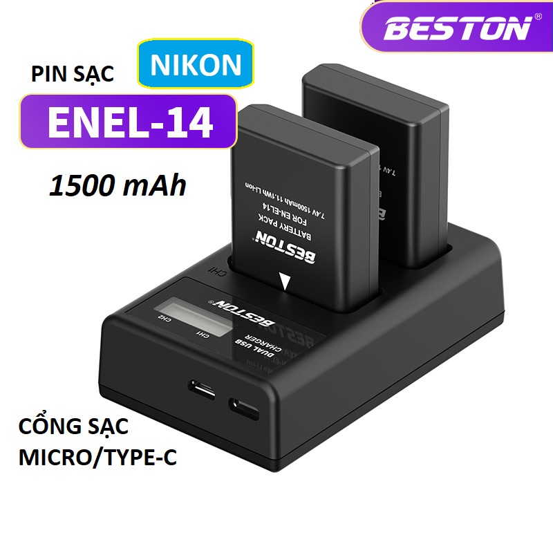 Bộ Pin EN-EL14 1500mAh + Sạc Beston Dùng Cho Máy Ảnh Nikon D3100 D3200 D3300 D3400 D5100 D5200 D5300 D5500 D5600 P7000 - hàng nhập khẩu