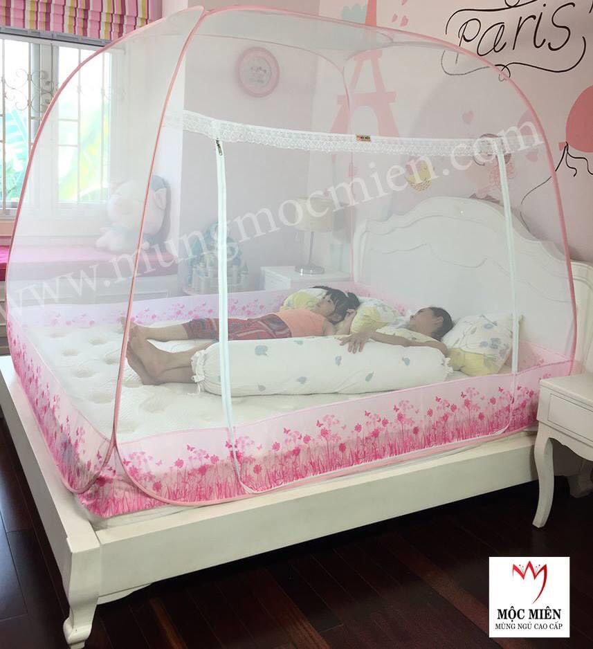 Màn đỉnh rộng tự bung cao cấp Mộc Miên loại trắng viền hồng loại 1m6x2m - 3 cửa