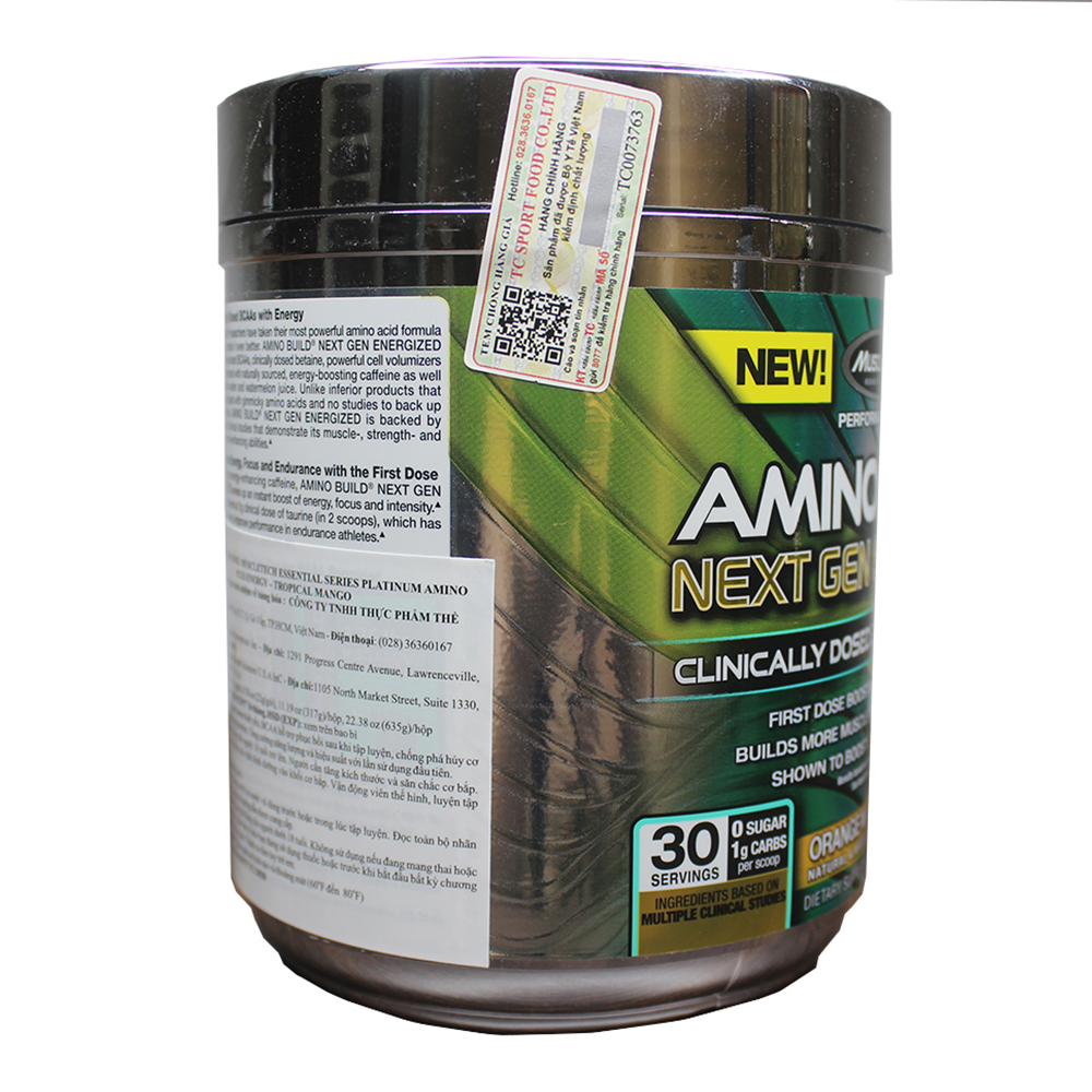 Combo BCAA Amino Build Next gen hương Orange Mango Cooler (Cam Xoài) của Muscle Tech hộp 30 lần dùng hỗ trợ phục hồi cơ, chống dị hóa cơ, tăng sức bền sức mạnh vượt trội, đốt mỡ, giảm cân, giảm mỡ bụng mạnh mẽ cho người tập thể thao &amp; Bình lắc INOX 739ml (Mẫu ngẫu nhiên)