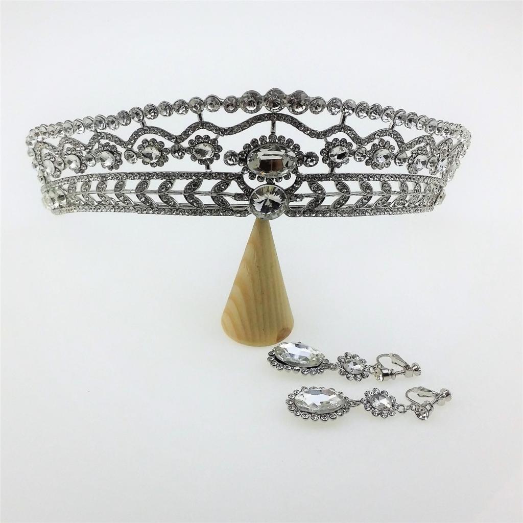 Wedding Diamante Rhinestone Baroque Tiara Crown Earrings Jewelry Set