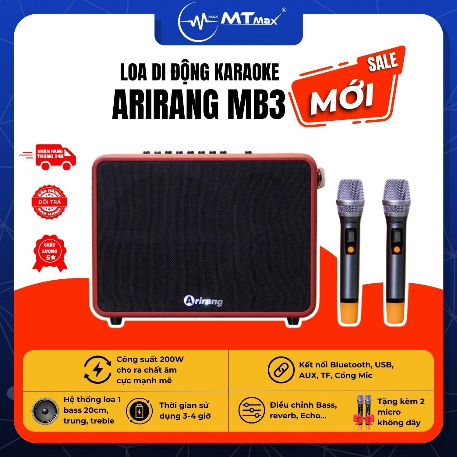 Loa Di Động Xách Tay Arirang MB3 – Bass 20 Công Suất Lớn Kèm 2 Micro Karaoke Diên Mạo Trung Trung, Năng Động, hàng chính hãng