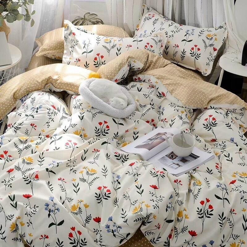 Bộ Chăn Ga Gối Cotton Poly Hoa Nhí Ga Nâu