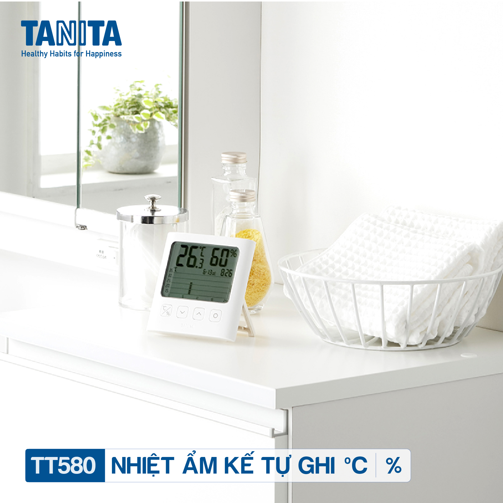Nhiệt ẩm kế điện tử tự ghi 7 ngày TANITA TT580 chính hãng nhật bản,thiết bị đo độ ẩm nhiệt độ chính xác,màn hình rõ ràng,hiển thị ngày giờ chuông báo thức,có lỗ treo,để bàn phù hợp trong phòng lạnh, bệnh viện, gia đình có trẻ sơ sinh