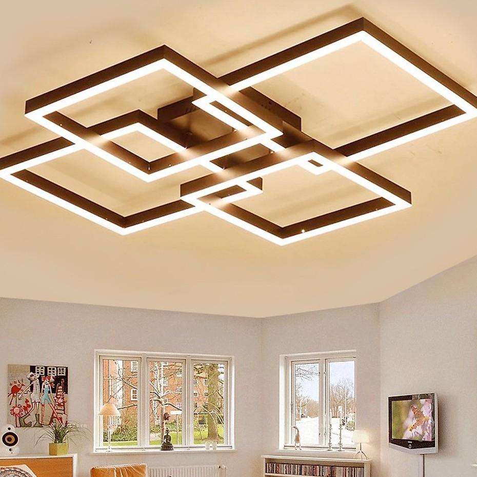 Đèn ốp trần Mica hiện đại 3 cánh vuông màu nâu cafe MO-997 3 màu ánh sáng có điều khiển từ xa