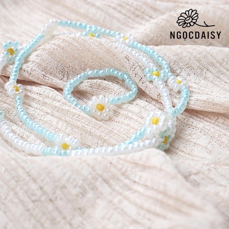 N19 Vòng tay handmade hoa Daisy kết hợp 3 màu xanh Hồng trắng xinh xắn