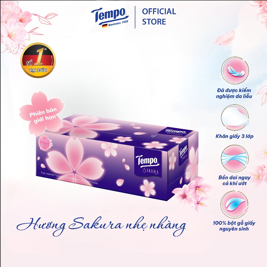 Khăn Giấy Rút Cao Cấp Tempo Hương Sakura- 4 Lớp Bền Dai, không kích ứng da - Thương hiệu Đức - An Toàn Cho Da