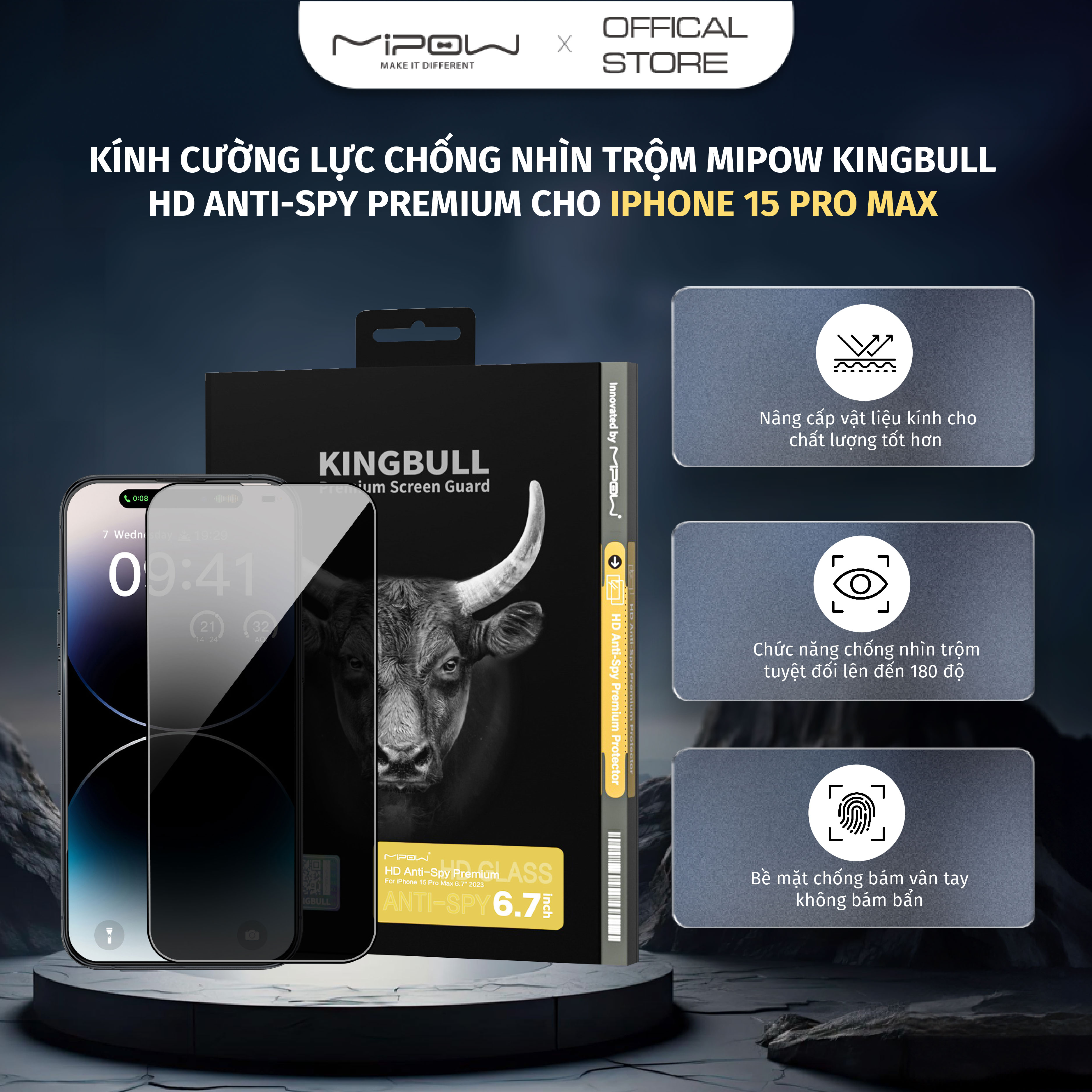 Kính cường lực chống nhìn trộm MIPOW KINGBULL 2.5D HD Anti-Spy 28° Premium cho iPhone 15 Series - Hàng chính hãng