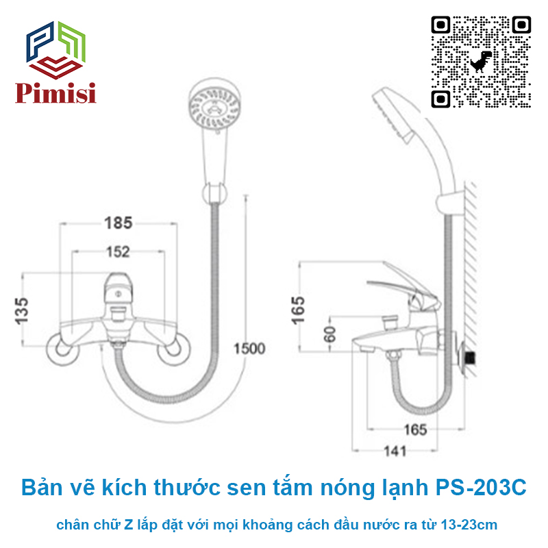 Sen Tắm Nóng Lạnh Pimisi PS-203C Đồng Thau Mạ Crom - Niken Sáng Bóng, Đủ Phụ Kiện Vòi Hoa Sen Tăng Áp Nhẹ - Dây Sen Tắm Inox - Chân Chữ Z - Cài Tay Bát Sen, Điều Chỉnh Nước Bằng Củ Gật Gù Gắn Tường Nhà Tắm | Hàng Chính Hãng