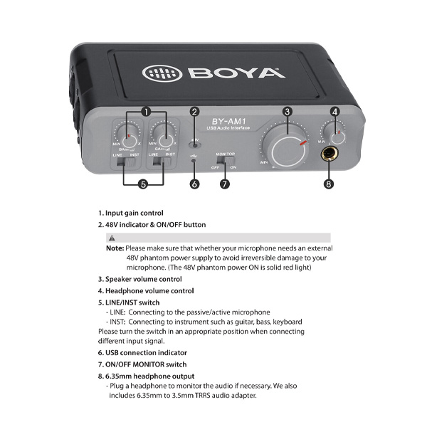 Boya BY-AM1 Dual-Channel, Soundcard thu âm 2 cổng mic - Hàng chính hãng