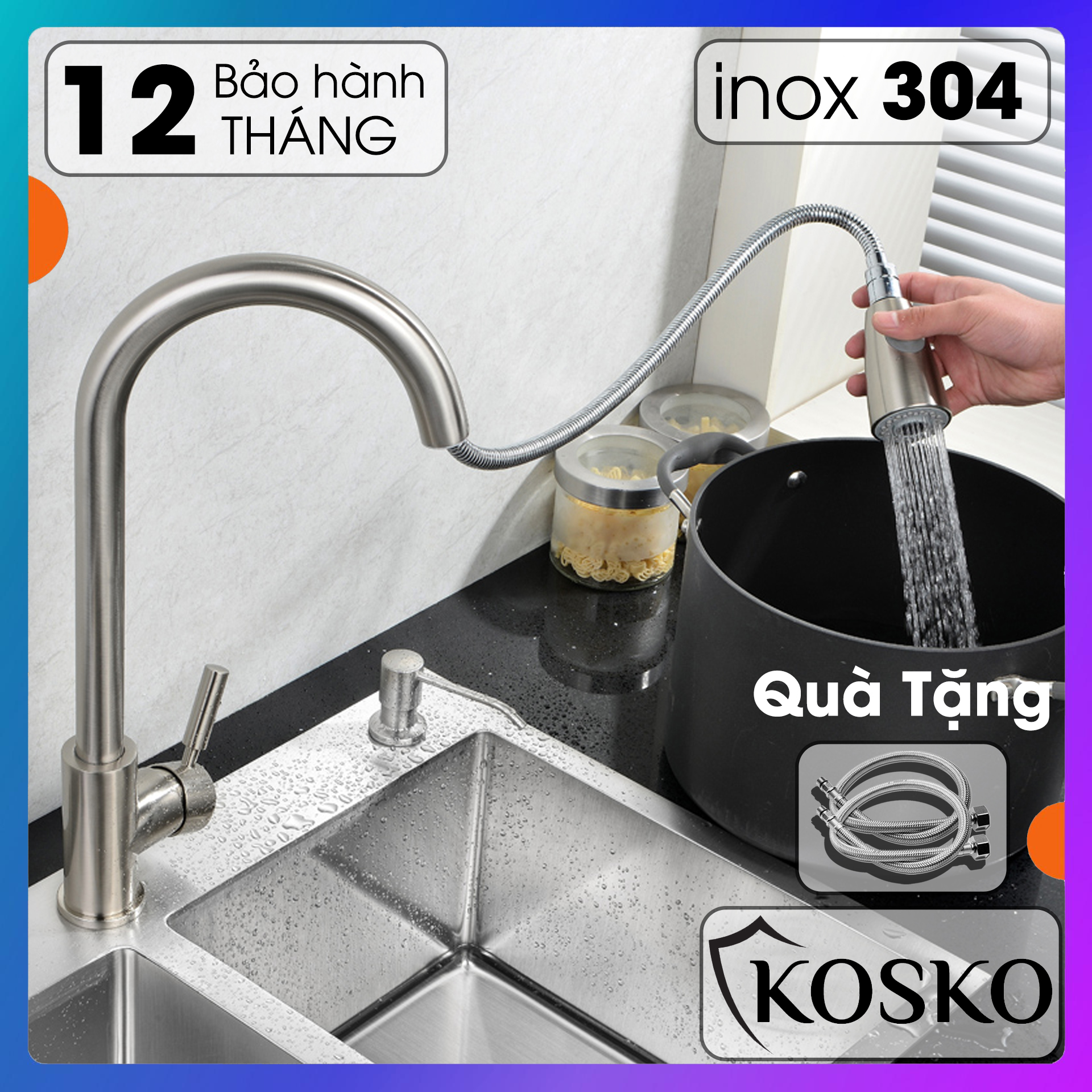 Vòi nước rửa chén KOSKO inox 304, vòi rửa chén bát rút dây linh hoạt phù hợp với nhiều loại bồn rửa chén và chậu rửa bát chén khác nhau