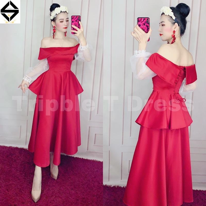 Đầm xòe dự tiệc mặc cưới bẹt vai tay dài voan phối viền ren TRIPBLE T DRESS -size S/M/L - MS51Y