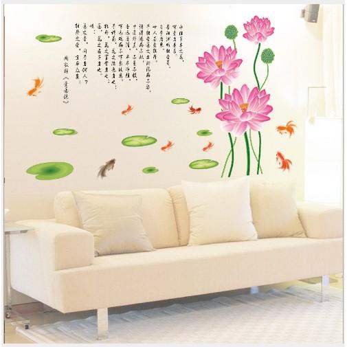 Decal trang trí hoa sen thư pháp