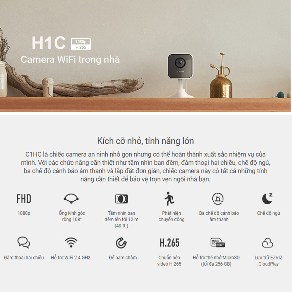 Camera Wifi Góc Rộng Ezviz H1C Trong Nhà, Đàm Thoại 2 Chiều - Hàng chính hãng