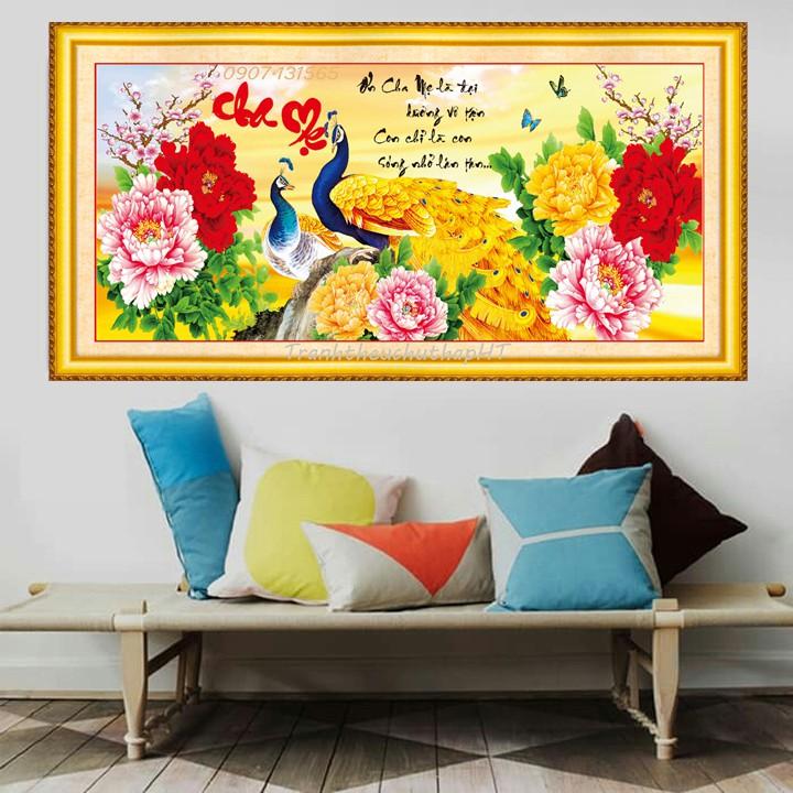 Tranh đá Cha mẹ 2 con công mẫu đơn - 100*50cm