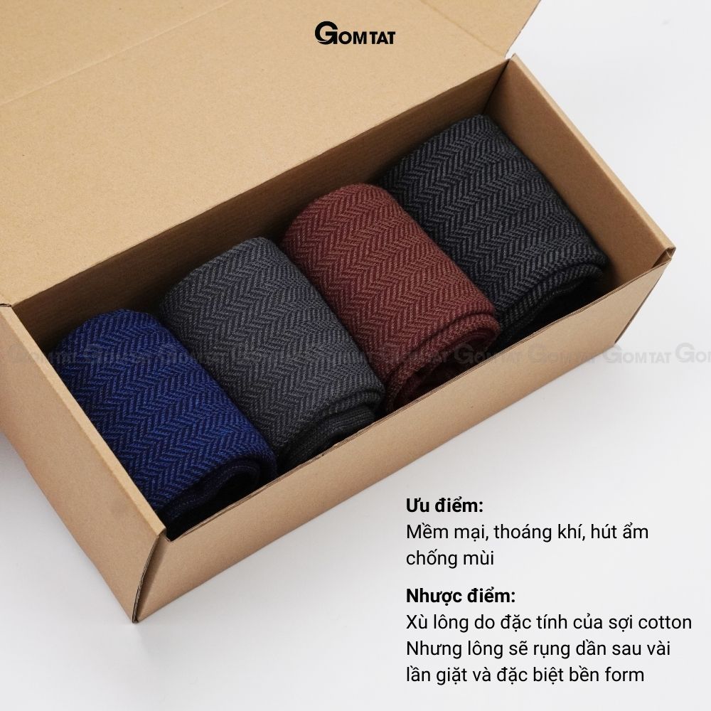 Hộp 4 đôi tất vớ đi giày tây nam GOMTAT mẫu sọc xương cá, chất liệu cotton cao cấp, thoáng mát êm chân - GOM-MIX14-CB4