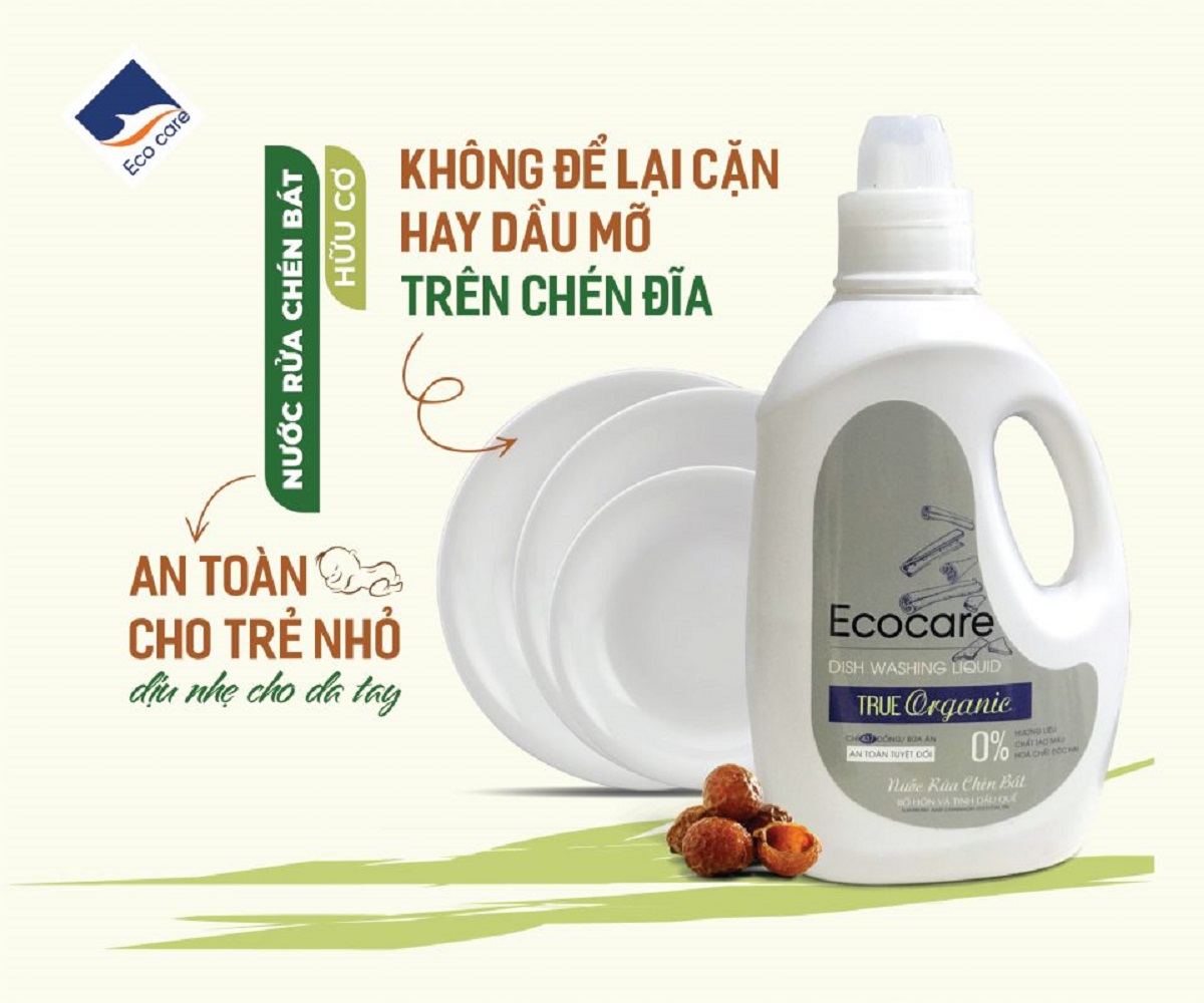 Nước rửa chén hữu cơ Bồ hòn Ecocare - 100% thực vật, không hóa chất, tinh dầu khử mùi, chăm sóc da tay, tiết kiệm nước 30% - Chai 2000ml - Quế