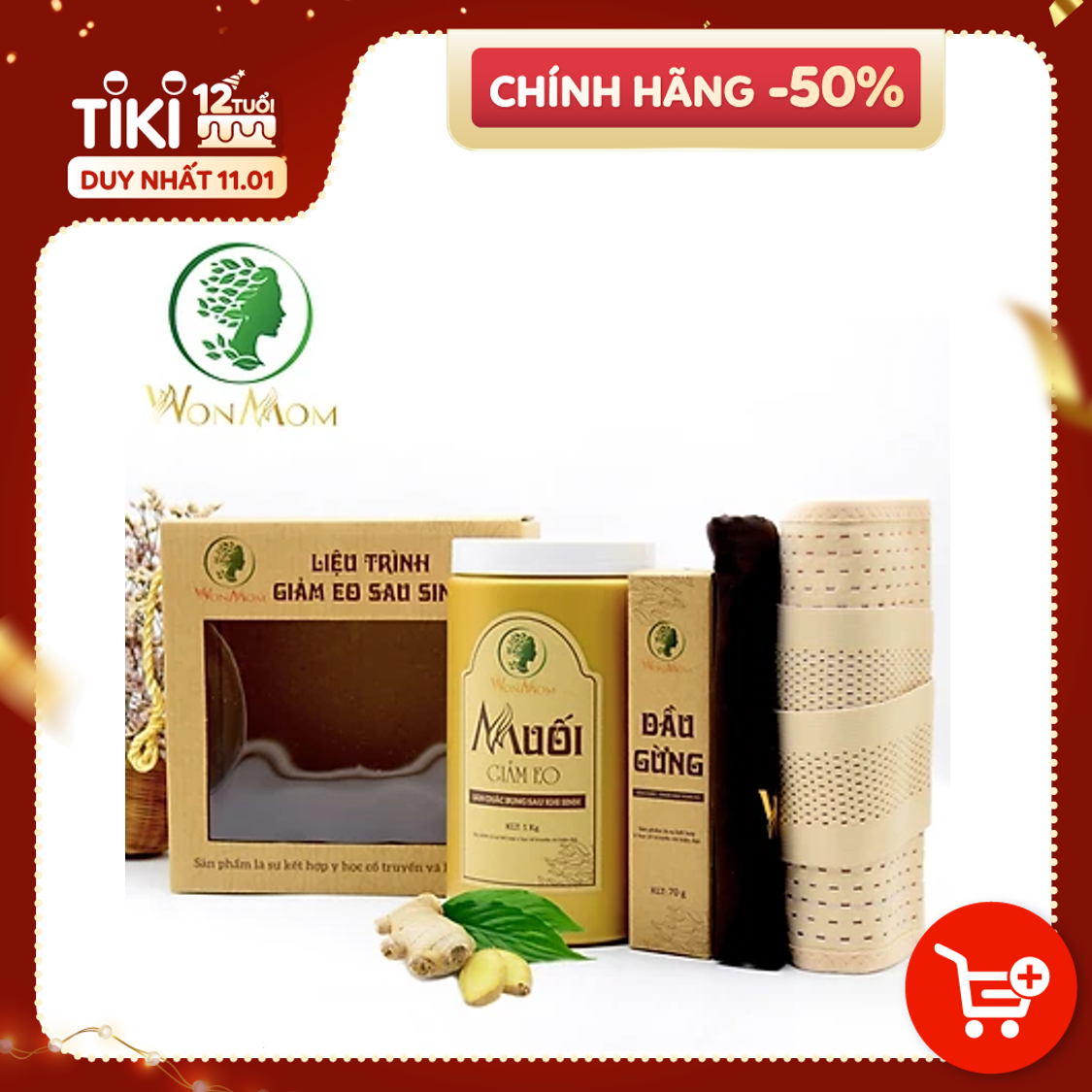 Liệu trình giảm eo sau sinh Wonmom ( 1 Hộp muối quấn bụng + 1 Dầu gừng + 1 Đai quấn muối + 1 Gen nịt bụng )