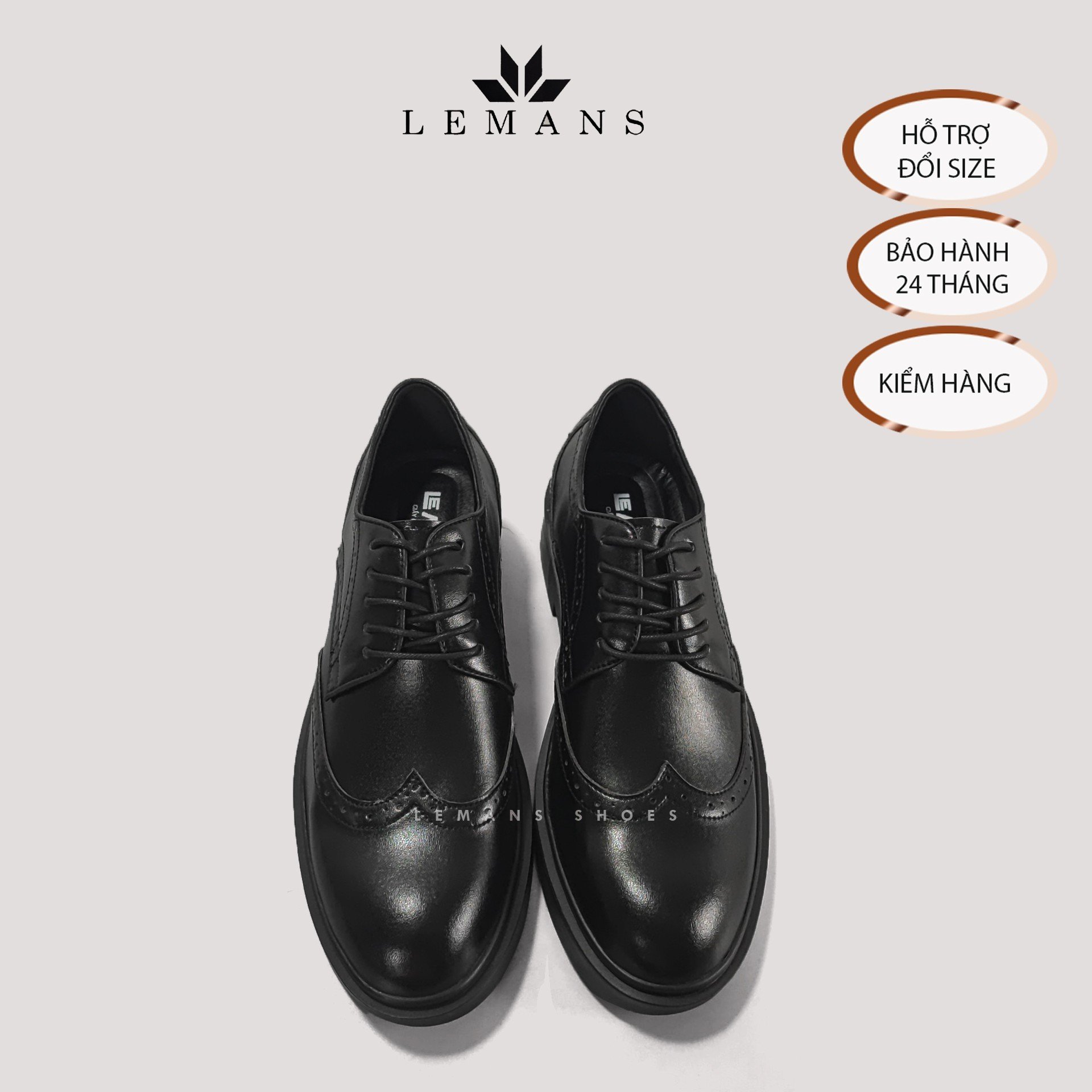 Giày da bò Derby Wingtip LEMANS Black, đế tăng cao lemans 4cm, hoạt tiết cánh bướm, Bảo Hành 12-24 Tháng