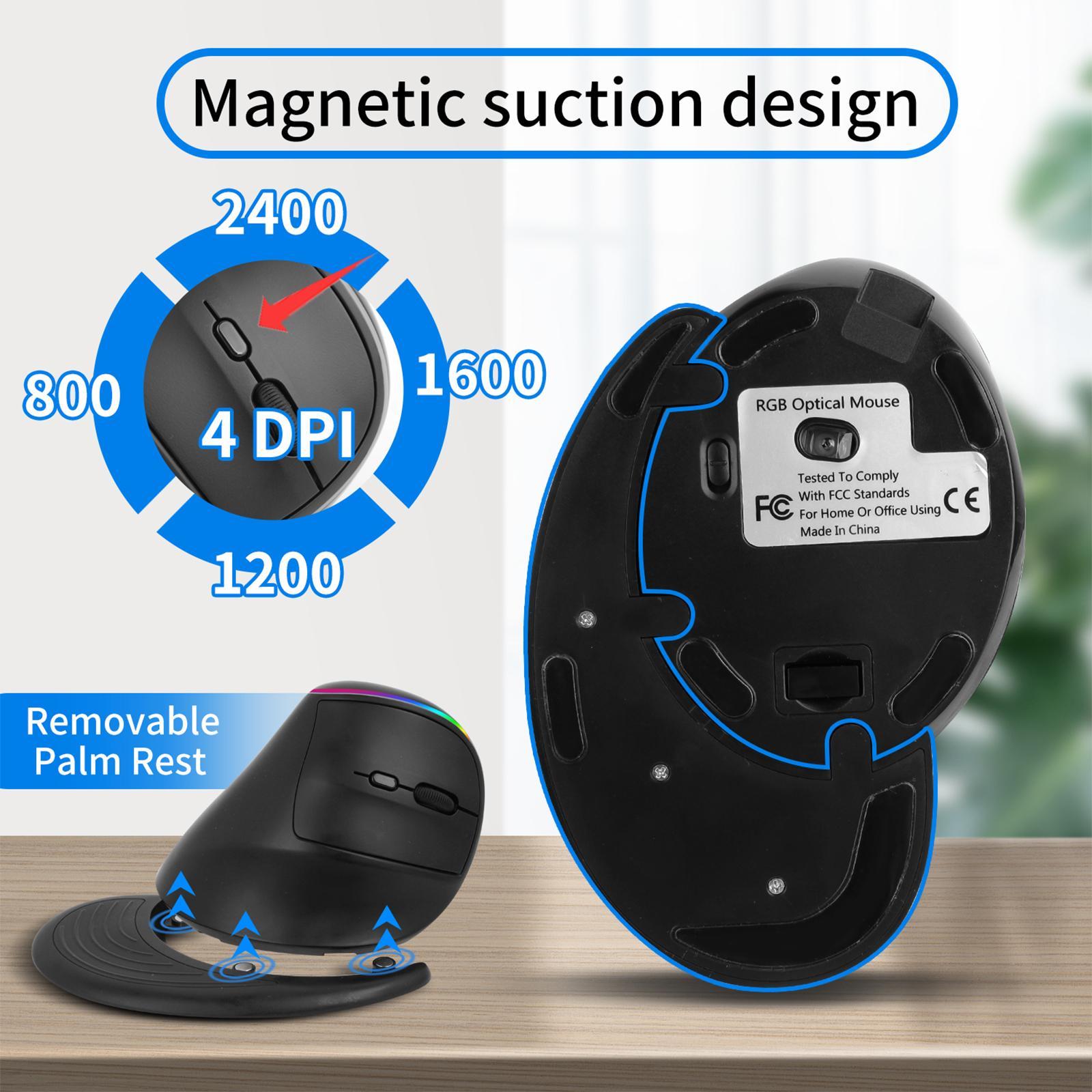 Wireless Mouse Vertical 6 Lighting 3200 DPI 2.4GHz for Laptop PC Black