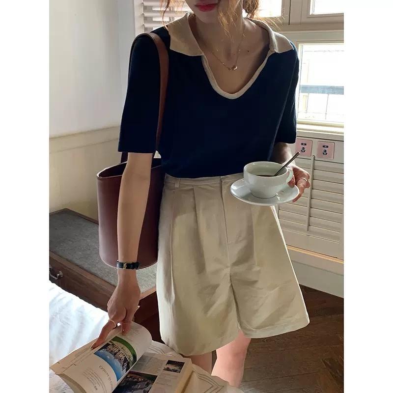 MS670 Áo polo len dệt kim cổ bẻ chữ V phối màu
